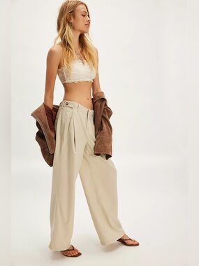 Free People Moira Low-Slung Trousers Wide Leg Viscose Natural Beige Sz 8 EUC